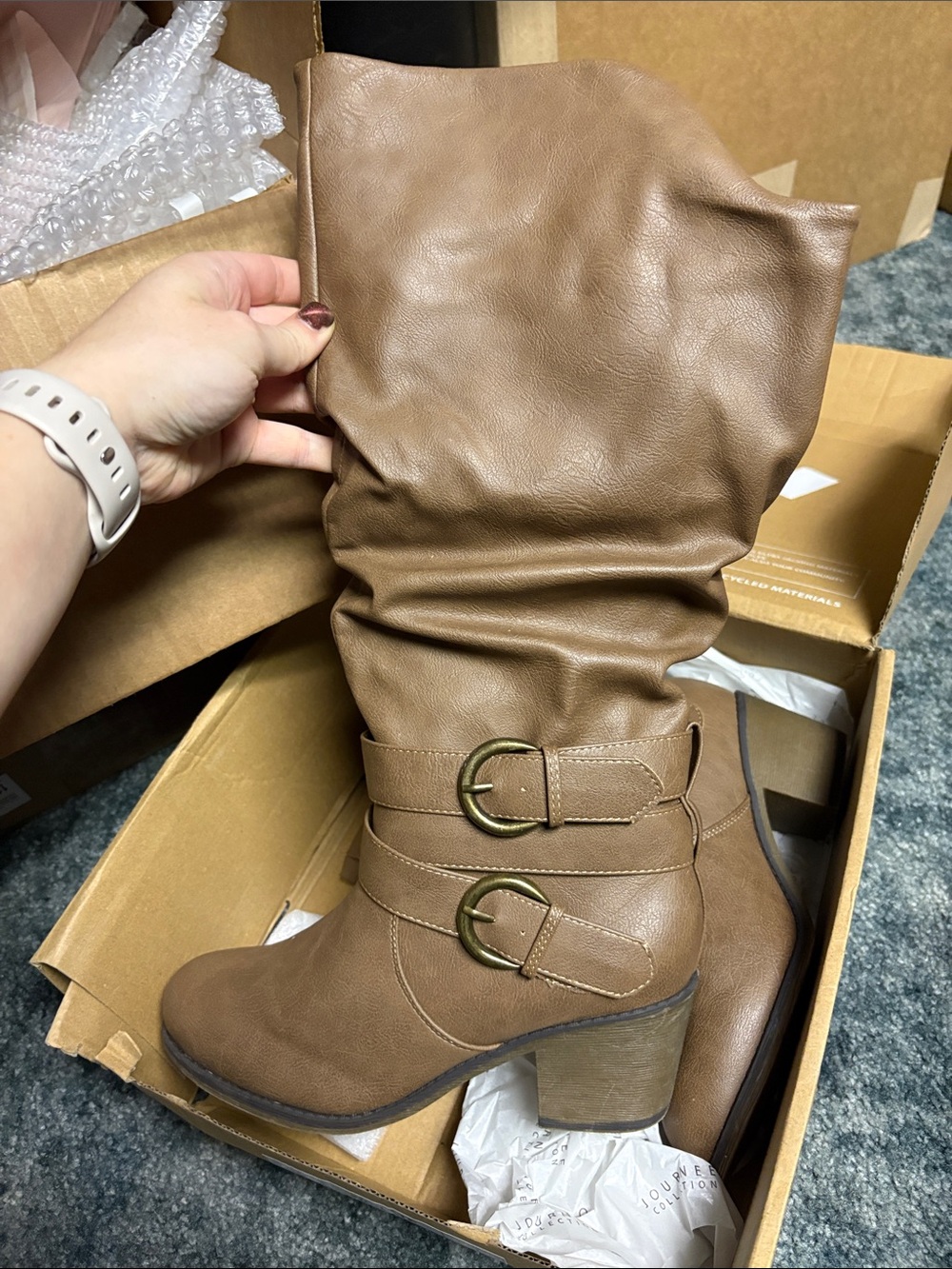 Journee Collection Tan Slouch Mid-Calf Buckle Heeled Boots